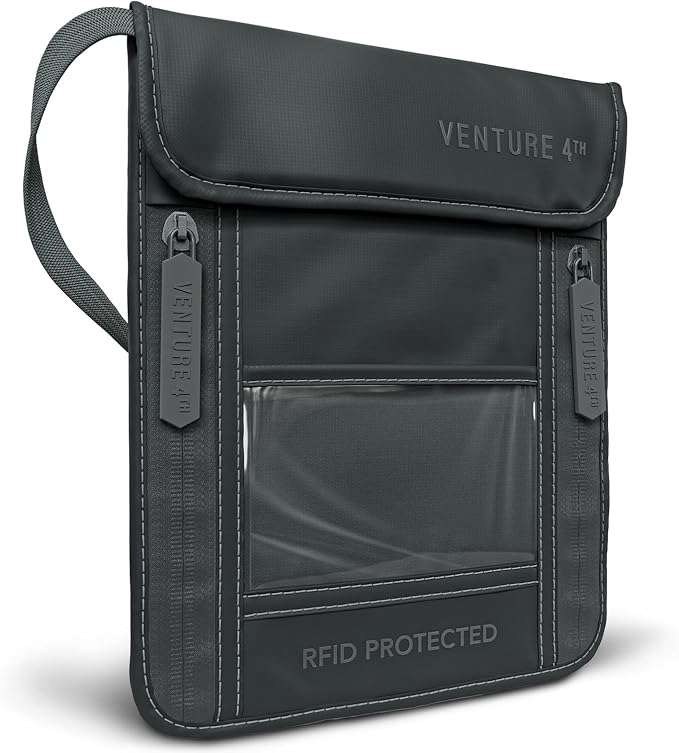 VENTURE 4TH Travel Neck Wallet, RFID Blocking Passport Holder - Sleek Gray