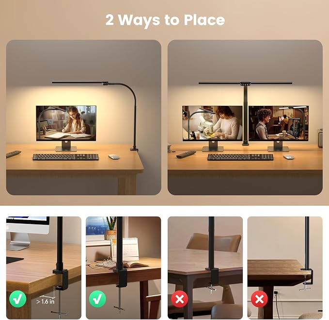 Upgraded Desk Lamp for Home Office - Dimmable Computer Desk Light with Remote, Modern Architect Task Lamp with Color Changing, Flexible Desktop Lamp with Gooseneck for Monitor, Double Head