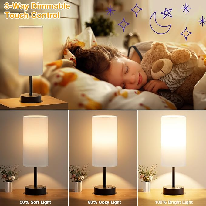 Dicoool Bedside Table Lamp for Bedroom - 3-Way Dimmable Touch Lamp, USB A+C | LED Bulb Included, 14" Small Nightstand Lamp for Desk, Living Room, Guest Room, White Fabric Lampshade, Black Metal Base