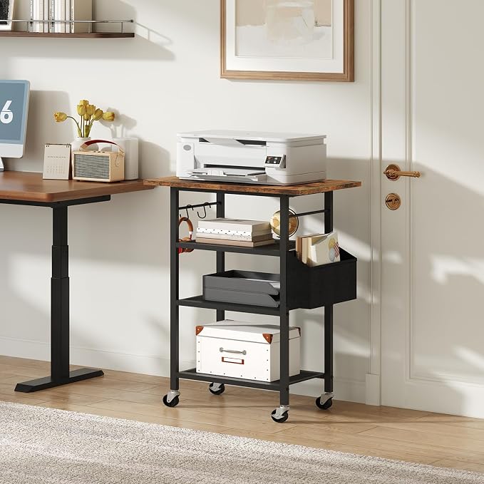 MAHANCRIS 4-Tier Printer Stand, Rolling Printer Table on Wheels, Industrial Storage Stand with Side Pocket, Wooden Tabletop, 2 S-Shaped Hooks, for Home Office, Rustic Brown and Black PTHR2601