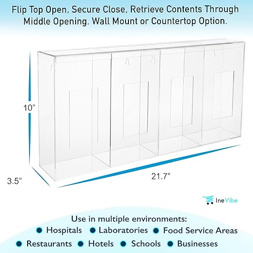 IneVibe 4 Compartment Hygiene Holder with Lid for Home or Office (Quad) | Quad Acrylic Dispenser For Hairnets, Glove Boxes, Face Masks, Plastic Bags, Tissue Boxes, Medical - Countertop or Wall Mount