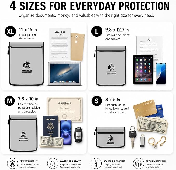 Andyer 4 Pack Fireproof Document Bags, Waterproof Document Pouch Holder with Zipper, Fire Proof Money Bag for Cash, Fireproof Envelope Fire Safe Bag, Fire Resistant Storage for Legal/A4 Size (Gray)