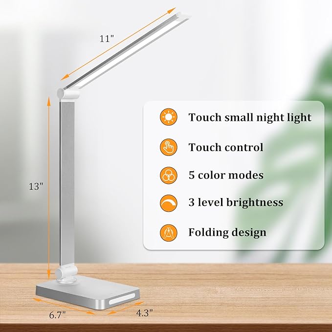 Dott Arts LED Desk Lamp with USB Ports,Touch Desk Lamps for Home Office with 5 Color Modes,3 Brightness Desk Light with Small Night Light,Reading Lamp Table LED Lamp for Bedroom Bedsid Study Sliver | 3 Brightness Desk Light with Small Night Light,Readi...