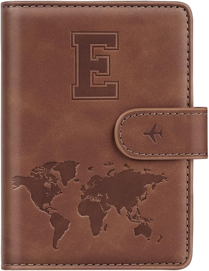 Passport Holder Wallet Cover Personalized Initial Travel Essentials | Embossed Letter A-Z Design, Travel Wallets, RFID Blocking, Passport Book Holders, Women Men, Personalized Gifts, Brown-E