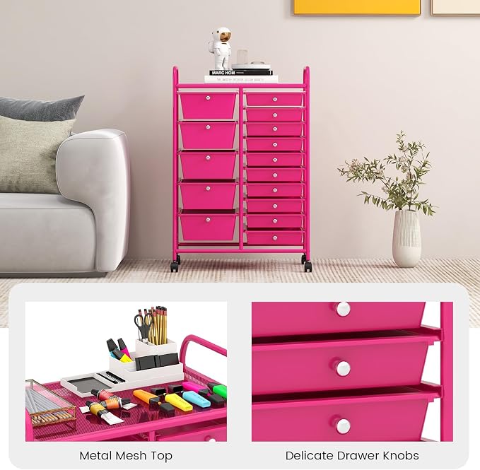 RELAX4LIFE 15-Drawer Storage Drawer Carts - Mobile Rolling Utility Cart w/Wheels, Craft Organizer for Classroom Organization and Storage, School, Office, Home, Storage Organizer Cart