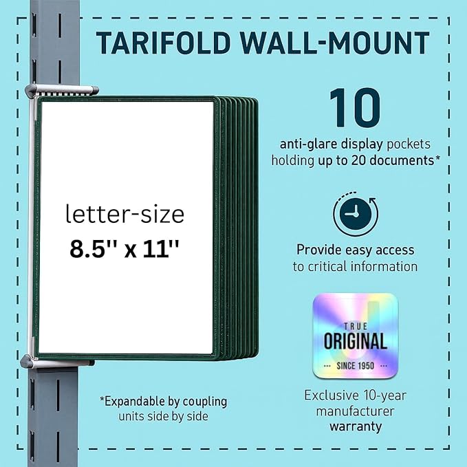 Tarifold Wall Mount Reference System, 10 Pockets, Expandable, Green | 10 double-sided PVC pockets hold 20 letter-size sheets, sturdy wall-mount bracket, snap-on index tabs, easy to install