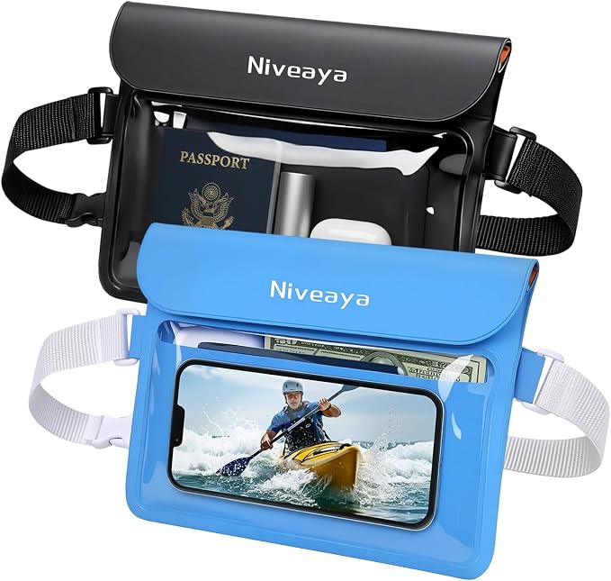 Niveaya IPX8 Waterproof Fanny Pack, Waterproof Pouch Dry Bag for Beach, Kayaking, Swimming, Boat Travel Cruise Essentials, Waterproof Phone Bag Passport Holder for Women Men(2 Pack)
