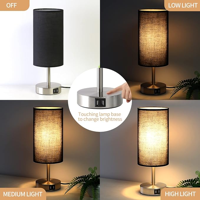 Bedside Lamp with USB Port - Touch Control Table Lamp for Bedroom Wood 3 Way Dimmable Nightstand Lamp with Round Black Shade for Living Room, Dorm, Home Office (LED Bulb Included) (Blacl2)