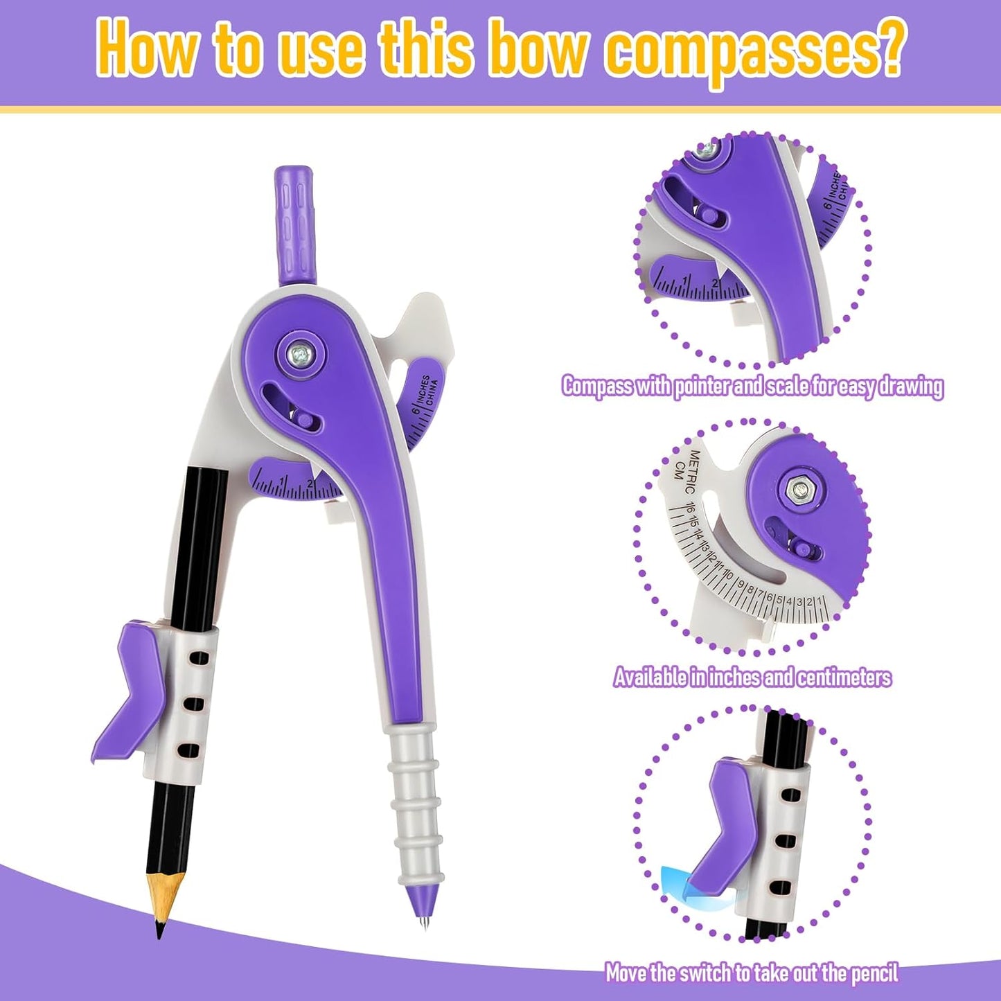 EBOOT Student Geometry Math Set, Drawing Compass and 6 Inch Clear Swing Arm Protractors 180 Degree Math Protractor (Purple)