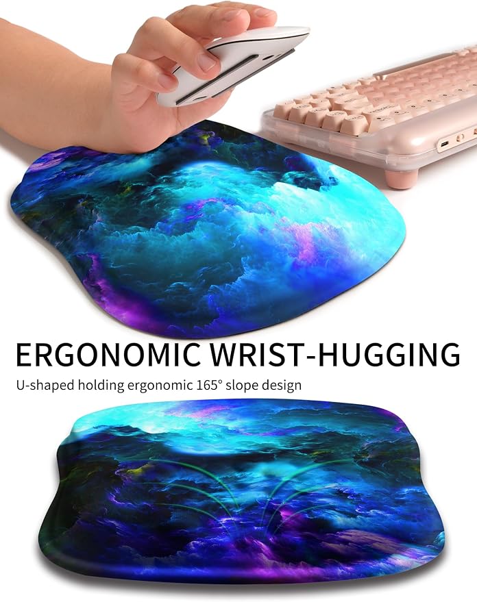 Hokafenle Ergonomic Wrist-Hugging Mouse Pad Wrist Support, U-Shaped Holding Wrist Rest Mousepad for Carpal Tunnel Pain Relief with Cushioned Memory Foam Slope Massage Bulge (10.2x8.3 in,Nebula)