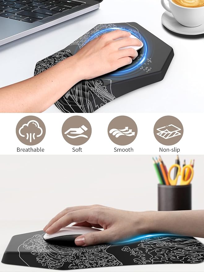 3-in-1 Ergonomic Keyboard Stand with Wrist Rest & Mouse Pad Set, Black Wave | Comfy Keyboard Riser Holder Soft Mousepad with Massage Design, Memory Foam and Non-Slip PU Base for Pain Relief
