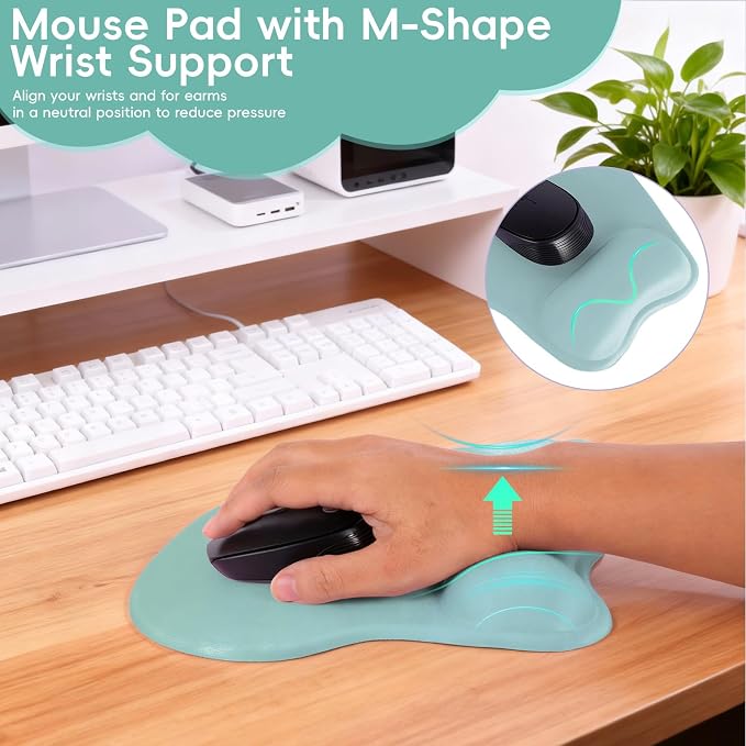 Mouse Pad with Wrist Rest Ergonomic Mouse Pad with Comfortable M-Shape Pain Relief Wrist Support Non-Slip PU Base Mousepad for Laptop, Office & Home (Cyan)