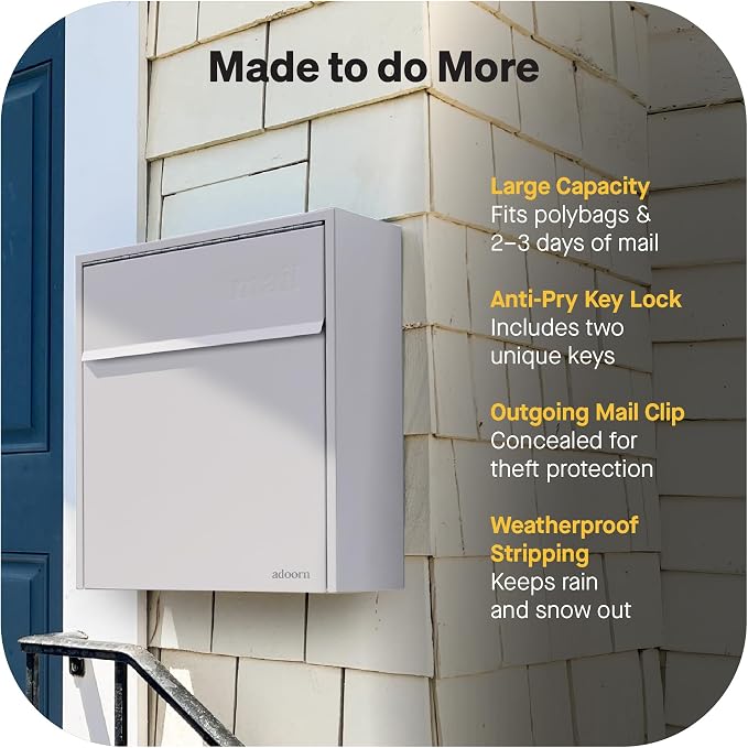 Adoorn Lockable Wall Mount Mailboxes for Outside - Large Anti-Theft Locking Mailbox for Letters - Weatherproof Construction - Durable Steel - 18.5" H x 15" L x 7.5" D - Sandstone