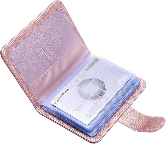Wisdompro Credit Card Holder, RFID Blocking Wallet Debit Card Protector | Slim Leather Credit Card Organizer Case, Card Case with Magnetic Closure, 20 Card & 7 Memory Card Slots - Vertical Rose Gold