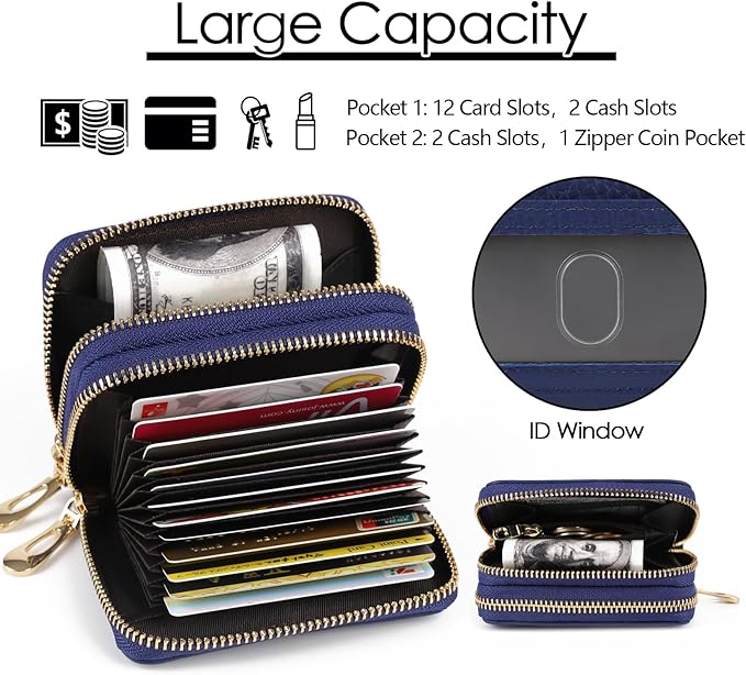 imeetu RFID Credit Card Holder, Small Card Wallet Women, Leather Card Case | Genuine Leather Women's Card & id Cases, Change Coin Purse with Zipper Keychain id Window, 20 Colors & 3 Styles, Daily, Gifts