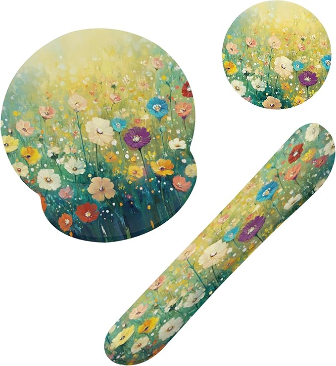 Flower Daisy Poppy Floral Keyboard Wrist Rest Pad Mouse Pad Set,Ergonomic Mousepad Wrist Support Memory Foam Desk Pad for Gaming Office,Non-Slip Rubber Base Easy Typing for Home Office Computers