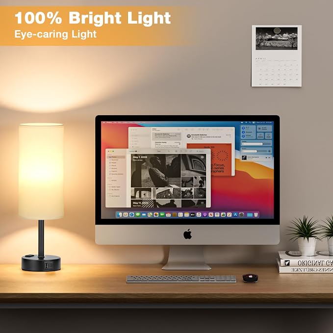 Touch Bedside Table Lamps Set of 2 - Bedroom Lamp with USB A+C, AC Outlet | 3-Way Dimmable, LED Bulb Included, White Fabric Lampshade, Matte Black Metal Base & Pole, 14" Small Nightstand Lamp for Desk