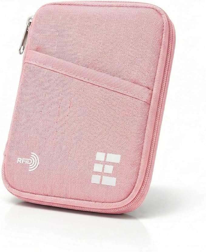 Zero Grid RFID Passport Holder for Passports & Cards, Zippered, Pink | Zippered Travel Wallet for Men & Women, Fits Passport, Cards, Cash, ID, Sim Card; Compact Travel Document Holder, Rose Pink