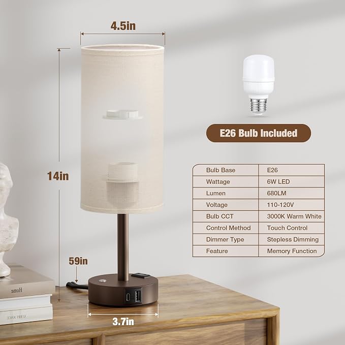 Brown Touch Bedside Lamp for Bedroom, Stepless Dimmable, USB A+C, AC Outlet | Base Touch Button Only, Memory Brightness, Ultra-dim Night Light, Included Bulb for Optimal Dimming, Beige Fabric Shade, Desk
