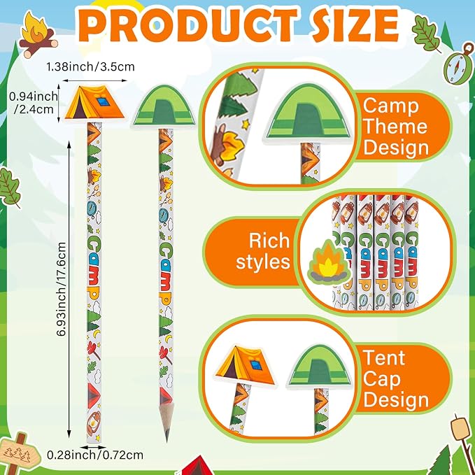 32 Pcs Camp Pencil with Eraser Summer Camping Party Favors Camping Stationery Supplies for School Classroom Exchange Gift Reward Prizes Adventure Vbs Party Supplies