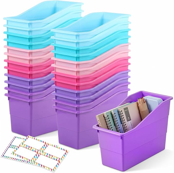 Blosssound 24 Set Book Bins for Classroom with Label Sticker Book Box Baskets Plastic Stackable Organizing Bins Storage & Organization for Classroom Library Home School Supplies (Purple Pastel)