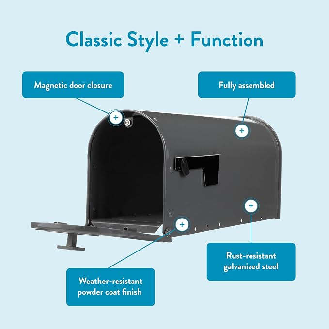 Architectural Mailboxes Edson Post Mount Mailbox, Gunmetal Grey, Medium | Galvanized steel build for outside with rust-resistant powder-coat finish and a magnetic door closure. USPS approved.