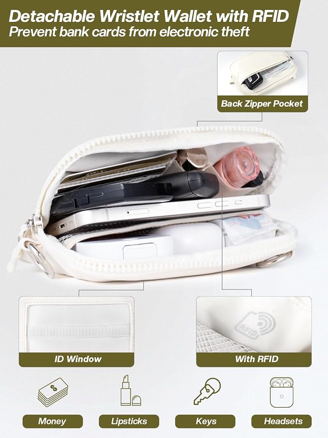 Tiostep Clip and Go Strap for Phone with Wallet Crossbody Phone Lanyard Adjustable and Detachable RFID Wristlet Wallet (Cream, Large)