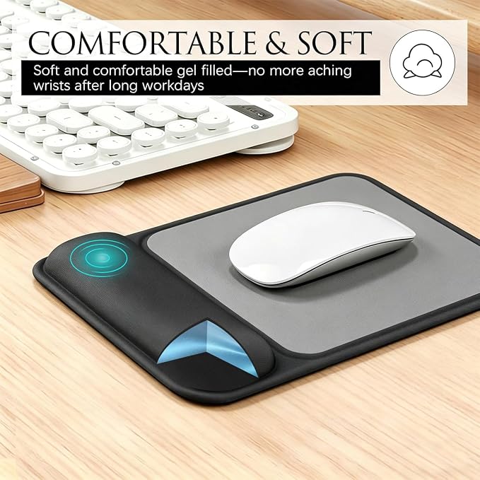 JIKIOU Ergonomic Mouse Pad with Gel Wrist Rest, 10 x 7.25 in, Black | 40% Larger Rectangular Design-No More Hitting Edges Mid-glide, Savior of Pain Relief, Smooth Lycra Surface, Non-Slip PU Base