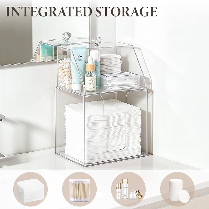 Anyoifax Disposable Facial Towels Storage Double Layer Acrylic Box, Clear | Face Towelettes Holder with Clean Skin Club Clean Towel XL Cotton Pads Container Qtip Bin for Bathroom Counter