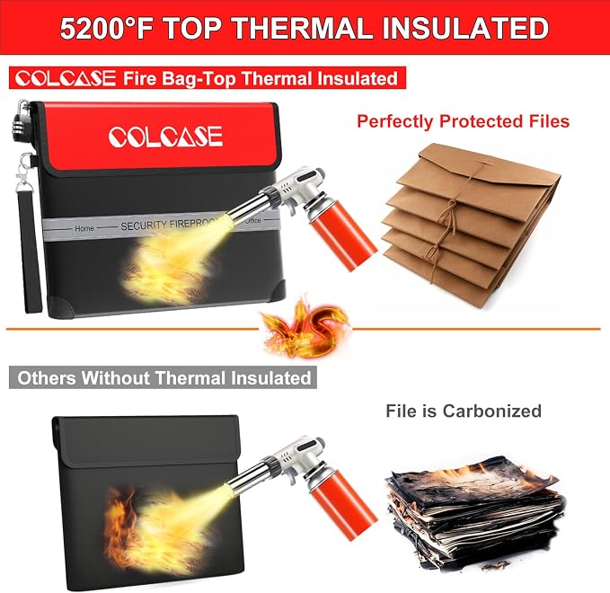 COLCASE Fireproof Document Bag 5200℉ Heat Insulated Waterproof Fireproof | Silicone Coated Fiberglass Fireproof Bag wih Lock 15x11 inches Zipper Bag Black