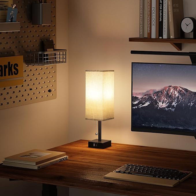 Set of 2 Grey Bedside Table Lamps for Bedroom - Nightstand Lamp, USB C+A | Pull Chain Lamp, 3 Color Modes(3000K/4000K/5000K), E26 LED Bulb Included, Square Grey Fabric Lampshade, for Read, Work, Dorm