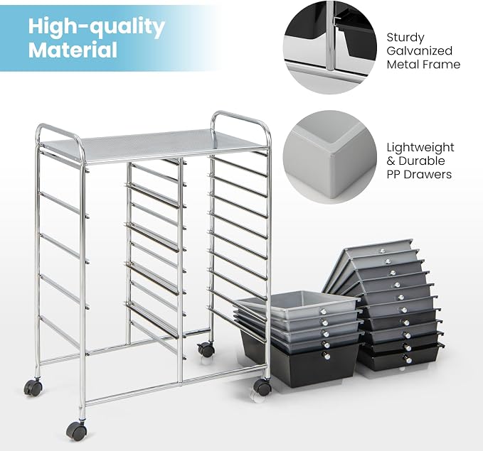 GLACER 15 Drawers Rolling Storage Cart, Steel Frame Craft Organizer Cart | Utility Cart w/Lockable Wheels & Sleek Handle, Mobile Art & Tool Supply Trolley for Teacher, Home, School, Office (Grey)