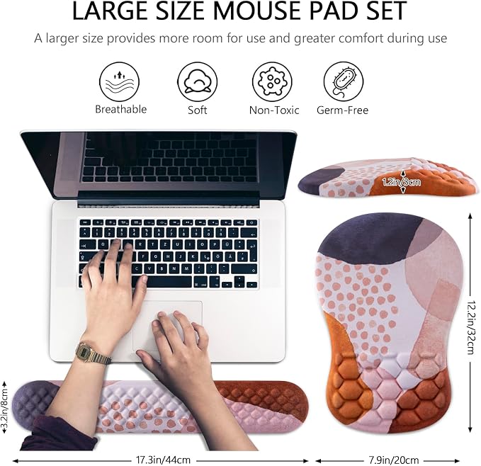 Ergonomic Mouse Pad & Keyboard Wrist Rest Set, Memory Foam | Memory Foam Wrist Cushion, Non-Slip PU Base, Massage Design, Relieves Wrist Pressure for Work, Gaming & Office Use,Boho