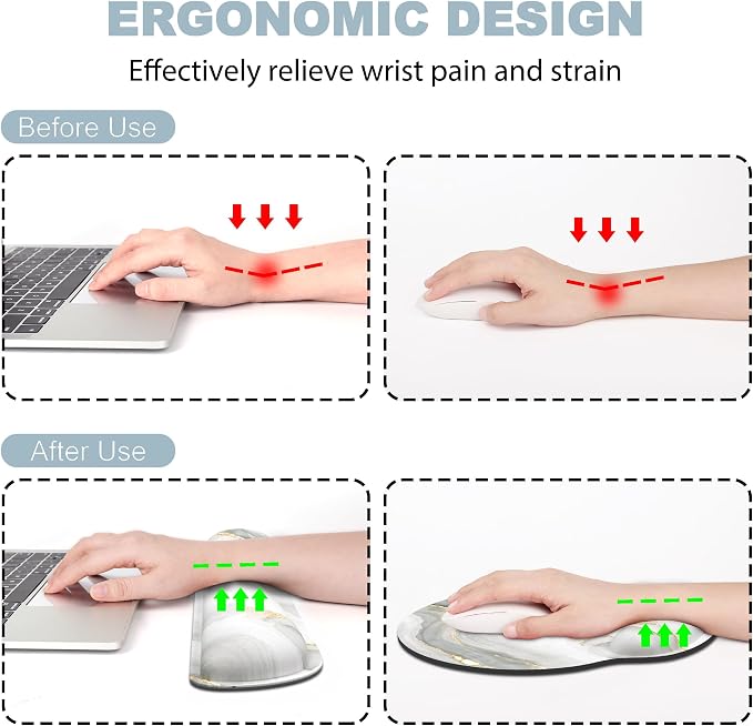 Ergonomic Mouse Pad with Wrist Rest and Keyboard Wrist Rest, Mousepad | Memory Foam Wrist Rest for Computer Keyboard, Pain Relief, Non-Slip Base, Mouse Pad Wrist Support for Gaming, White Marble