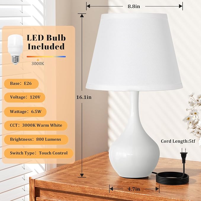 16.1" Touch Table Lamp for Nightstand, 3 Way Dimmable Small Bedroom Lamp | Touch Control, Bulb Included, White Bedside Lamps for Desk, Night Stands, Living Room, End Table, Corded