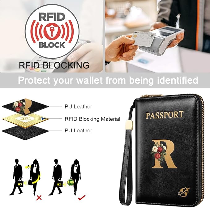 Passport Holder for Travel Personalized Wallet with Wristlet Women | Passport Cover, RFID Blocking, Passport Book Holders, Back Coin Pocket, Zipper Closure, Roses Initial Letter, Black R