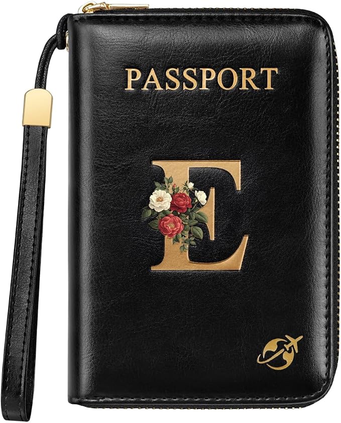 Passport Holder for Travel Personalized Wallet with Wristlet Women | Passport Cover, RFID Blocking, Passport Book Holders, Back Coin Pocket, Zipper Closure, Roses Initial Letter, Black E