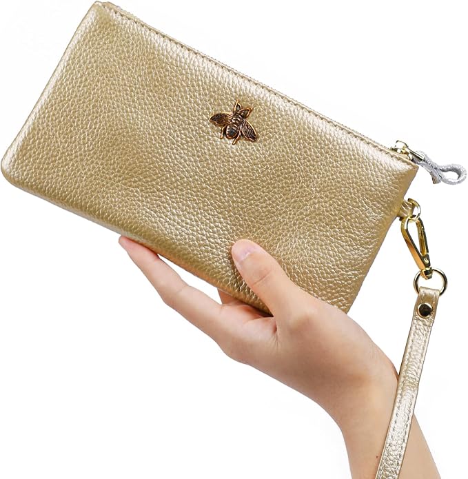 imeetu Wristlet Wallets for Women, Wristlet Clutch Purse, Phone Wallet | Genuine Leathe Wallet Women, Lightweight Water-resistant Long Wallet with Wrist Strap, Zip Coin Pocket, Gift Box, Bee Decor