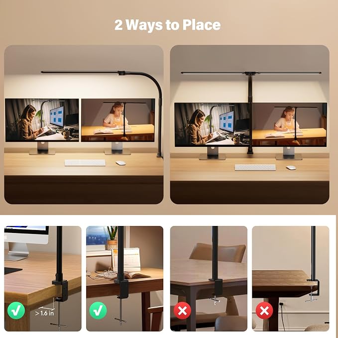 LED Desk Lamp for Home Office - Dimmable Computer Desk Light with Clamp, Modern Architect Task Lamp with Color Changing, Flexible Desktop Lamp with Gooseneck for Monitor, Double Head, Black