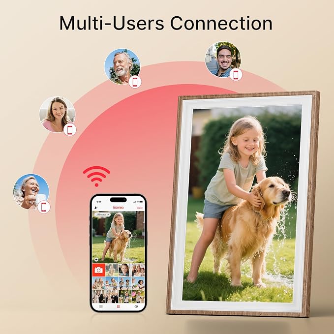 Frameo 10.1" Digital Picture Frame, Smart WiFi Digital Photo Frame with 1280x800 HD IPS Touch Screen 32GB Storage Auto-Rotate Wall Mounted, Share Photos/Videos Remotely(Brown&White)