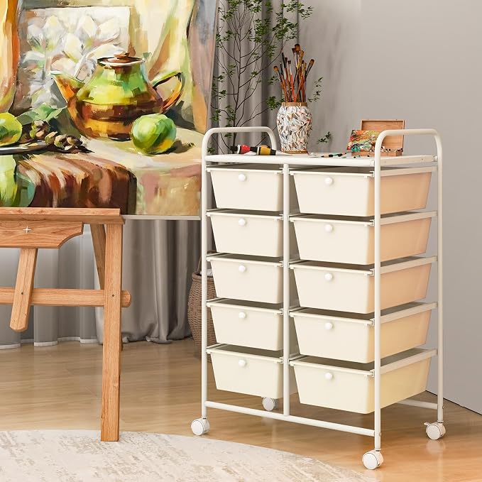 RELAX4LIFE 10 Drawer Storage Cart - Ivory Metal Frame Rolling Art Cart Organizer with Lockable Wheels, Utility Cart for Crafting Storage, Office, Home, School