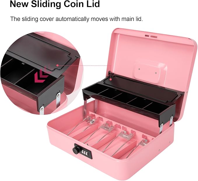 Jssmst Locking Metal Cash Box with Coin Lid, 11.8L x 9.5W x 3.5H Inches, Safe Money Box with Combination Lock, Pink, SM-CB0516P