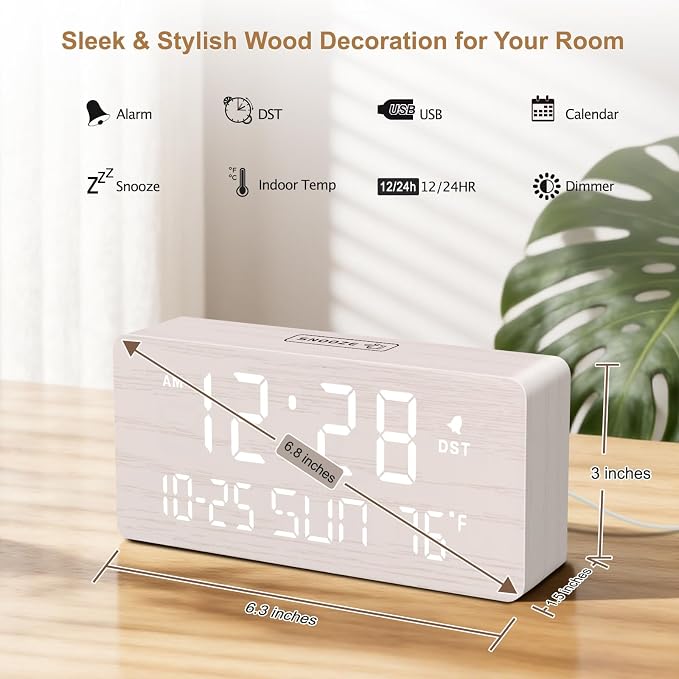 DreamSky Wooden Digital Alarm Clocks for Bedrooms with Date & Day of Week | Living Room Desk Clock, Temperature, USB Port, Dimmer Wheel, Adjustable Volume, Auto DST, Office Wood Decor (Plug-in)