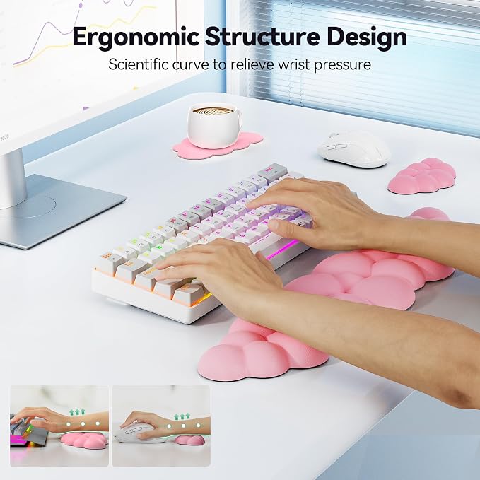 TECKNET Cloud Keyboard Wrist Rest Set, Cloud Wrist Rest with Non-Slip Base, PU Leather Wrist Pad for Keyboard with Ergonomic Memory Foam for Computer Laptop Office Gaming and Pain Relief, Dark Pink