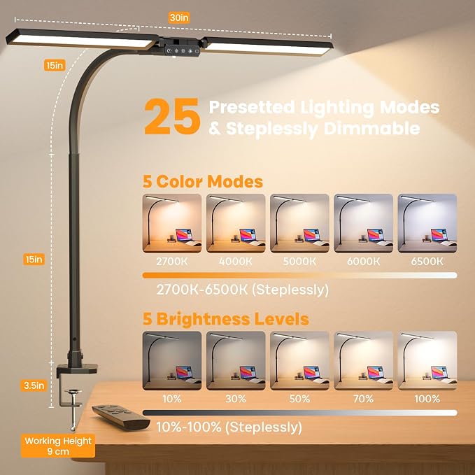 Upgraded Desk Lamp for Home Office - Dimmable Computer Desk Light with Remote, Modern Architect Task Lamp with Color Changing, Flexible Desktop Lamp with Gooseneck for Monitor, Double Head