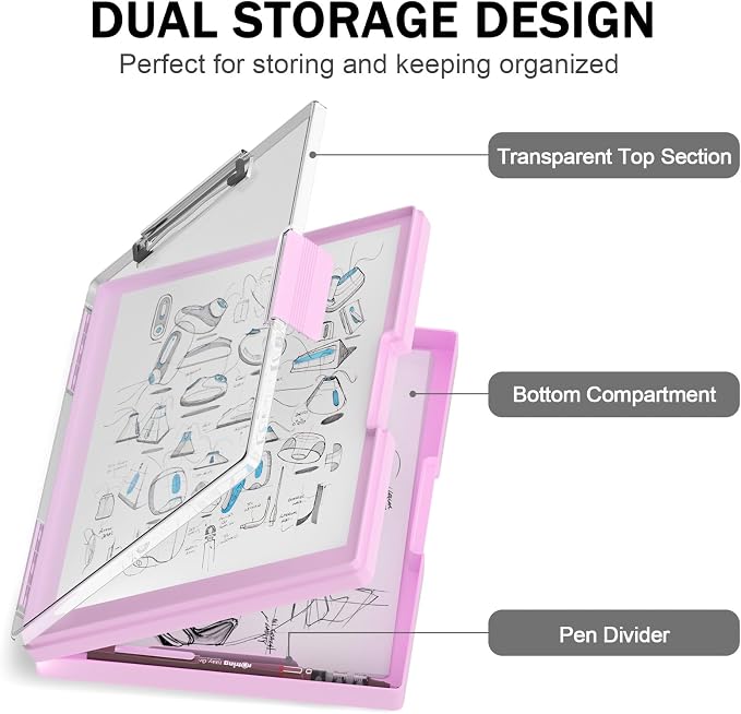 Rimilak Clipboard with Storage,8.5x11 2 Compartment Clip Board, Rose Pink | Smooth Writing, Side-Opening Plastic Folder with Pen Holder, Size 13.3 x 9.4 x 1.5″,for Classroom, Teacher, Student