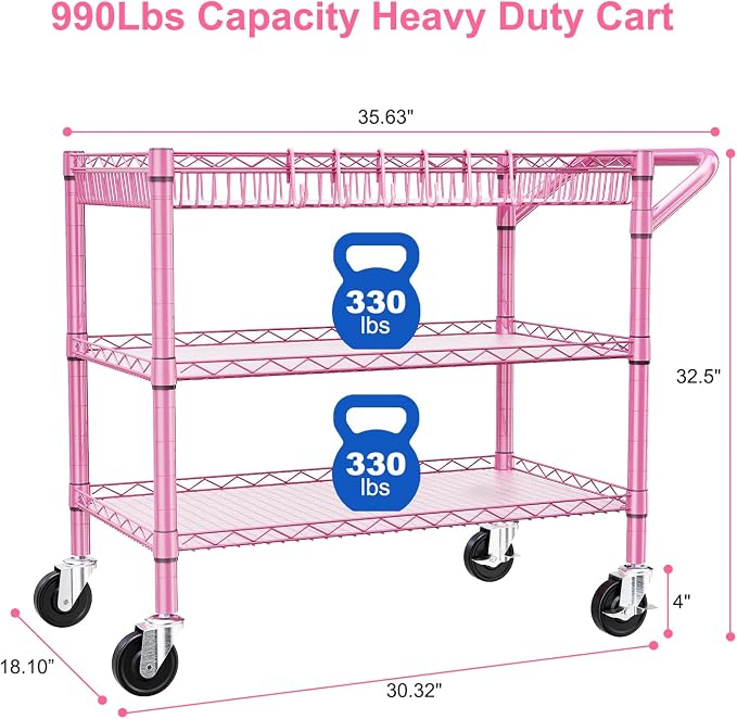 Pink Rolling Utility Cart with Wheels, 990Lbs Heavy Duty Metal Cart with Handle & Shelf Liners, NSF Certified 3-Tier Storage Trolley for Esthetician, Kitchen, Salon & Craft Room, Pink