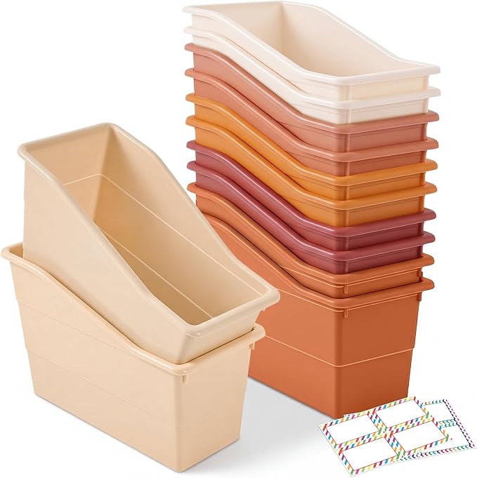 Blosssound 12 Set Book Bins for Classroom Stackable,Earth Tones | Plastic Baskets with Labels, Slanted Front, Library Supplies Organizers, Desktop Storage Bins, Teachers Home School Use