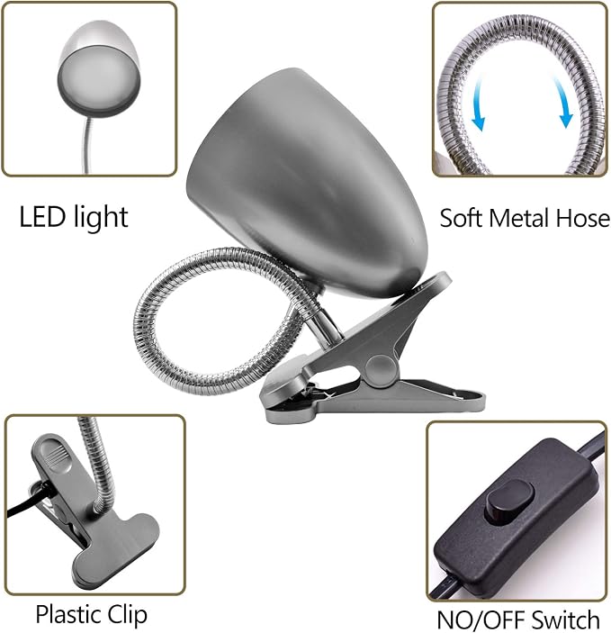 E ENERGETIC LIGHTING Desk lamp with Clamp, Non-Dimmable Clip Light for Bed and Desk, 4000K Cool White, 3.5W 240 LM lamp, Eye Protection, ETL Listed