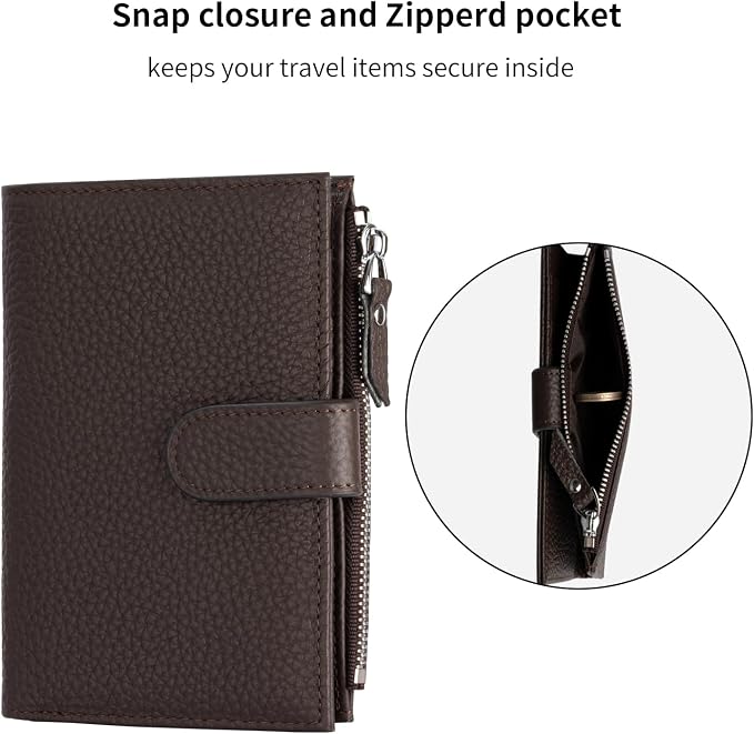 Passport wallet and Card Slot Combo RFID Blocking Leather Travel Passport Wallet for Men and Women with Zippered Coins Pocket Passport holder, Dark Brown